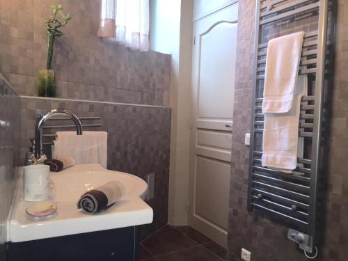 uma casa de banho com um lavatório e um espelho em Appartement Jardin exotique em Cap d'Ail