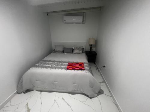 une chambre avec un lit avec des oreillers rouges dessus dans l'établissement Tanki flip Property 2, à Noord
