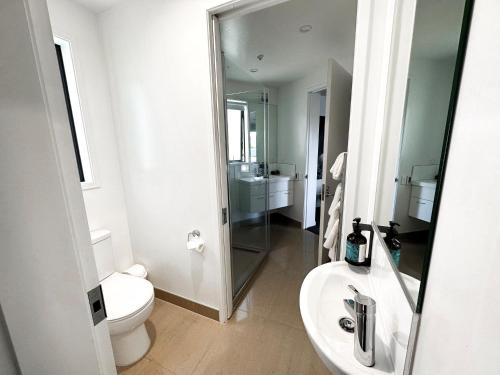 a bathroom with a toilet and a sink and a mirror at Delorenzo Studio Apartments in Nelson