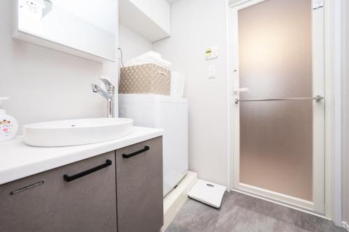 a bathroom with a sink and a shower at ZAITO Waseda Terra Hotel in Tokyo
