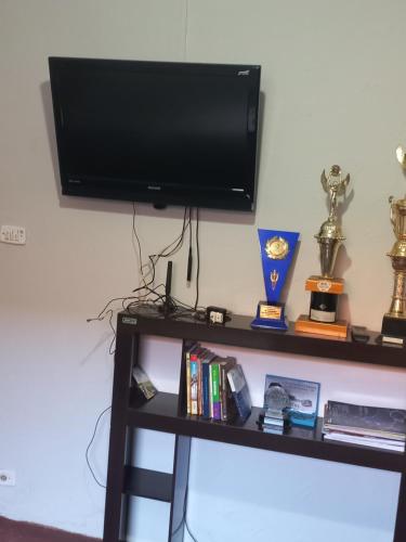 a flat screen tv on a shelf with trophies at Cantar do passaro in Jaboticabal