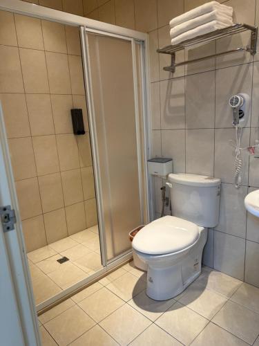 a bathroom with a toilet and a shower at 筑月馆民宿 in Jinning