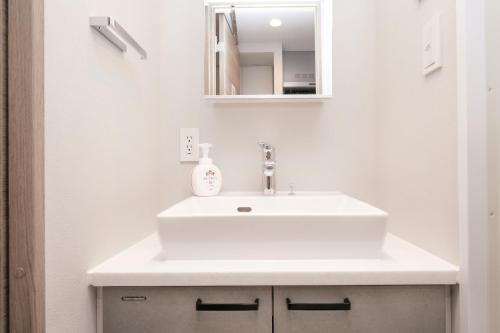 a bathroom with a white sink and a mirror at ZAITO Waseda Terra Hotel in Tokyo