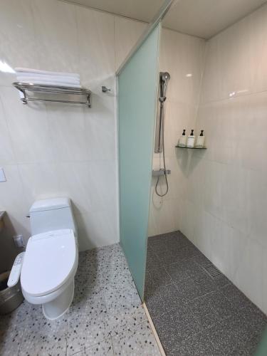 a bathroom with a toilet and a shower stall at Hotel Modak Namdaemun in Seoul