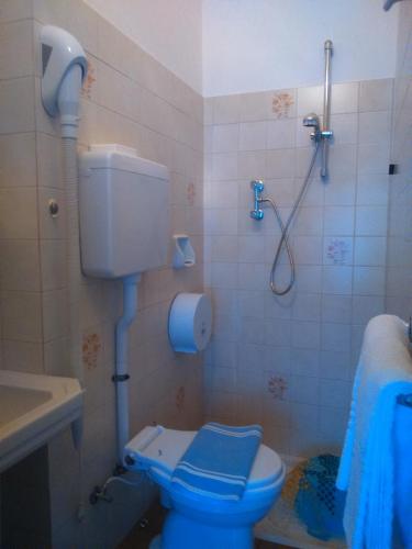Un baño con inodoro azul y ducha. en Miramonti, en Calizzano