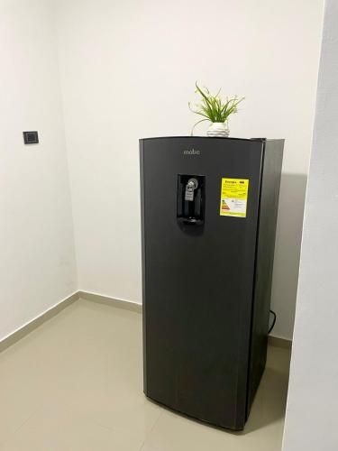 a black refrigerator with a plant on top of it at Apartahotel MKS Caribe in San Andrés