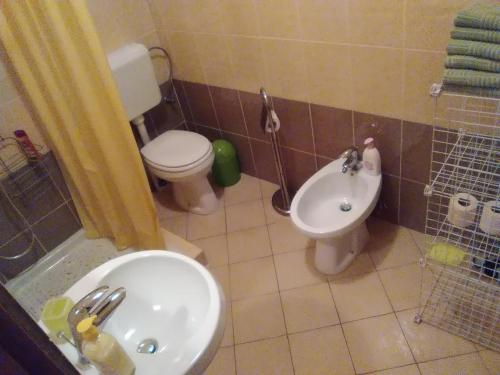 a bathroom with a toilet and a sink and a shower at Apartment Jasmine in Izola