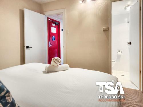 a white dog sitting on a bed with a red door at Sashas 2 in Thredbo