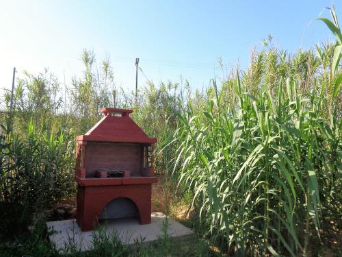 a red bird house in a field of corn at Villa Lagosta in Varos