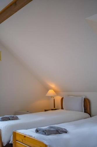 a bedroom with two beds and a table with a lamp at 仙石原Yorokobu 金時ヒルハウス 金時山登山に便利 BBQ in Sengokuhara