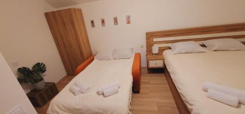 a room with two beds and a potted plant at Cottage by the Forest in Bakuriani