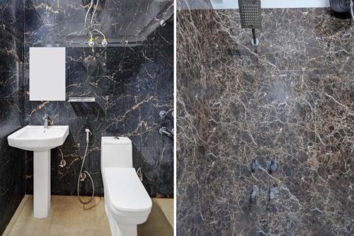 two pictures of a bathroom with a toilet and a sink at FabHotel The Glampoint in Noida