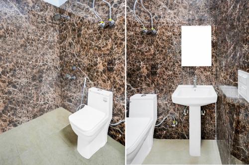 two pictures of a bathroom with a toilet and a sink at FabHotel The Glampoint in Noida