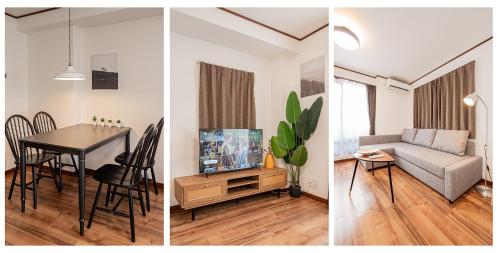 two images of a living room and a dining room at Tokyo Stay House Hirai in Tokyo