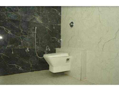 a bathroom with a toilet and a shower at Hotel Dynasty, Deoghar, in Deoghar