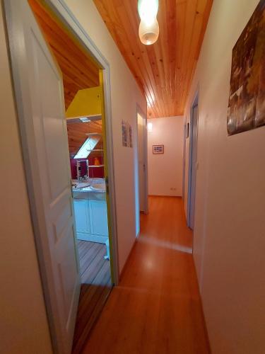 a hallway leading into a kitchen with a ceiling at La Derouannière in Saint-Thomas-de-Courceriers