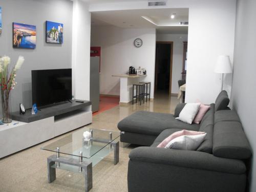 a living room with a couch and a flat screen tv at LE FONTI - CHARMING APARTMENT - PUGLIA INN HOLIDAY in Acquaviva delle Fonti