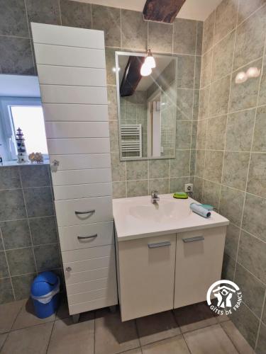 a bathroom with a sink and a mirror at La Closerie de la Trottinière in Moncor