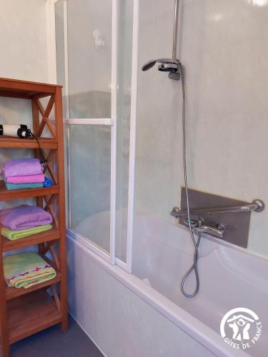 a shower in a bathroom with a bath tub at La Semondière in Saint-Thomas-de-Courceriers