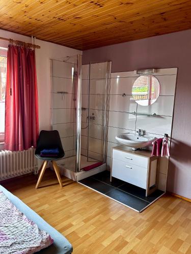 ein Badezimmer mit einer Dusche, einem Waschbecken und einem Stuhl in der Unterkunft Ferienhaus Müller in Soltau