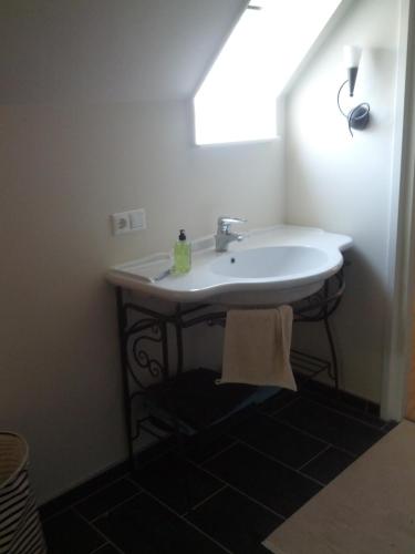 a white sink in a bathroom with a window at Vakantie appartement in dorpskern in Diever
