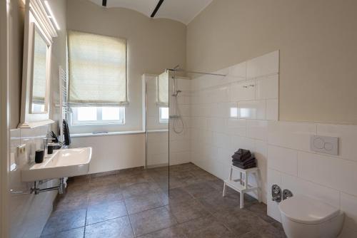 a bathroom with a toilet and a sink and a shower at Storchenhof Blumenow in Blumenow