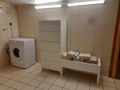 a bathroom with a washing machine and a washer at Ferienwohnung Bottrop Radetzki in Bottrop