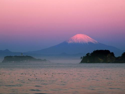 a mountain in the distance with a pink and purple sky at Kaihinsou Kamakura in Kamakura