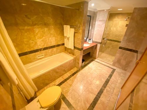 a bathroom with a tub and a toilet and a shower at Parkview Hotel in Kampong Jerudong