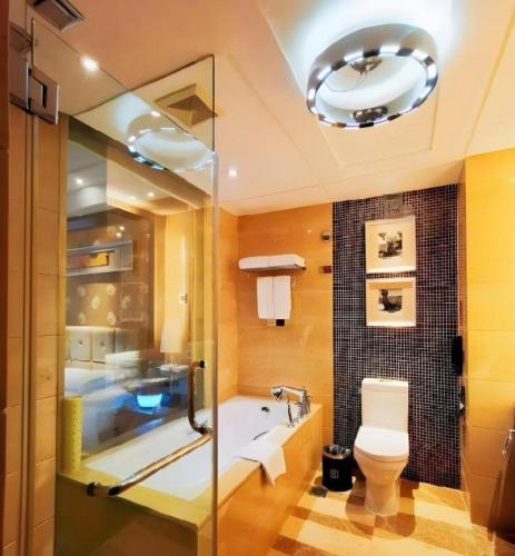 a bathroom with a shower and a toilet and a sink at Radegast Hotel CBD in Beijing