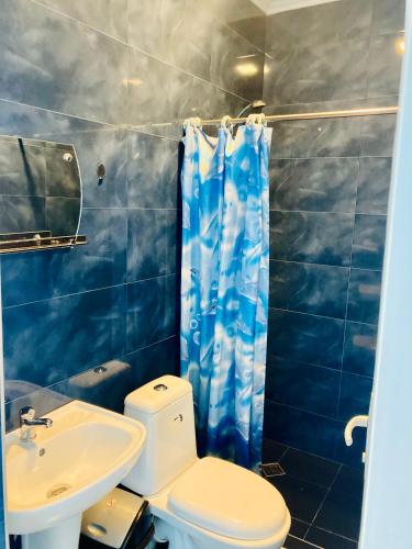 a blue bathroom with a toilet and a sink at Green House in Kvareli