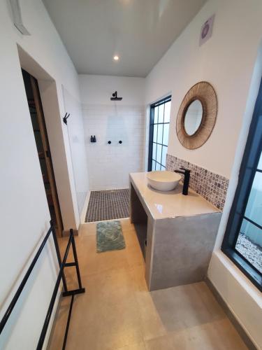a bathroom with a sink and a mirror at Fawlty Towers Accommodation & Activities in Livingstone