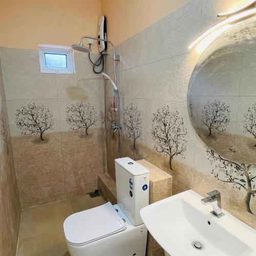 a bathroom with a toilet and a sink and a mirror at Kandy Villa Grey in Talatuoya