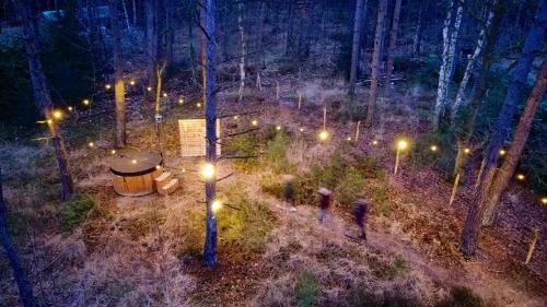 a group of people walking through a forest with lights at Knuscabin in Lille