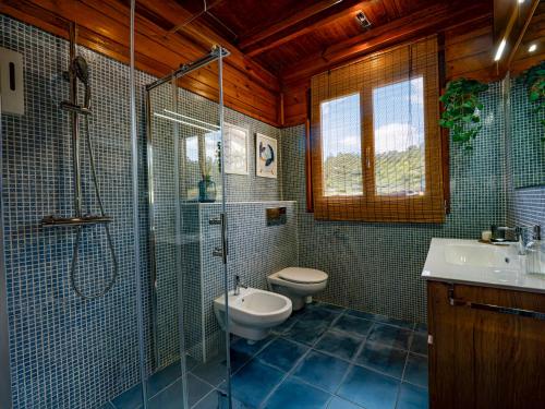 un bagno con doccia, WC e lavandino di Vivienda vacacional El Peñon a Candamin