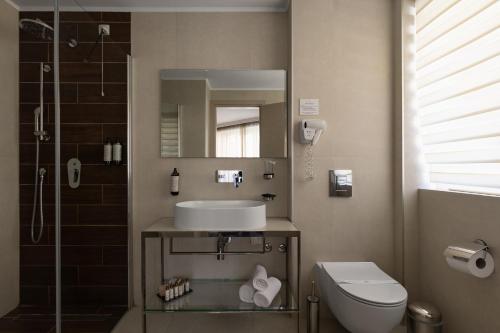 a bathroom with a sink and a toilet and a mirror at Alexandar Square Boutique Hotel in Skopje