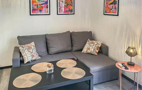 un salon avec un canapé gris et une table dans l'établissement 2 Bedroom Gorgeous Home In Wytowno - Ppl971, à Wytowno