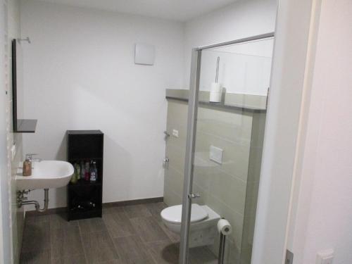 a bathroom with a toilet and a sink at Parsberger City Rooms 104 in Parsberg