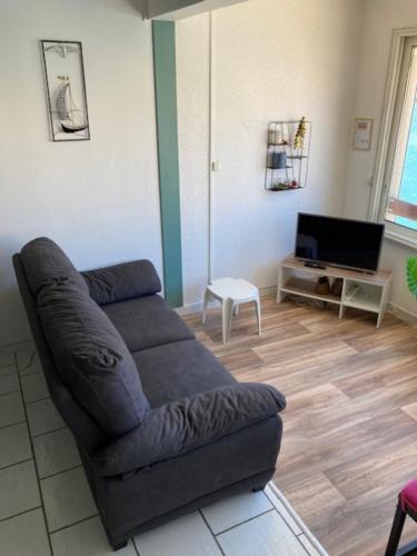 un salon avec un canapé et une télévision dans l'établissement Duplex apartment facing the port, à Frontignan