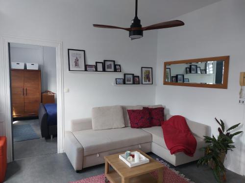 un salon avec un canapé et un ventilateur de plafond dans l'établissement Hypercentre Epernay appartement 4 pers The Clubhouse, à Épernay