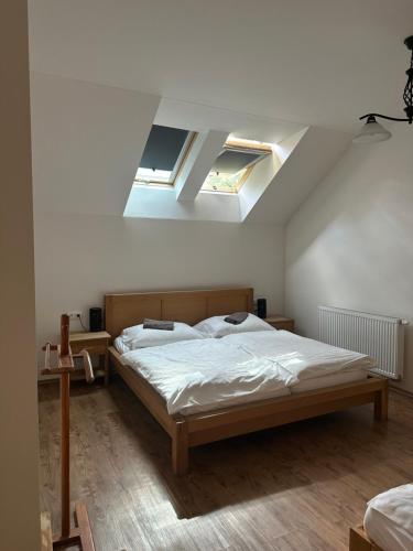 a bedroom with a bed with two skylights at Jakubův Nový Dvůr in Velká Jesenice