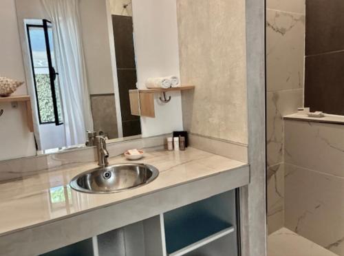 a bathroom with a sink and a mirror at Les Cerisiers maison bertuli climatisé, Piscine chauffée, lit King size, classé 5 étoiles in Oppède