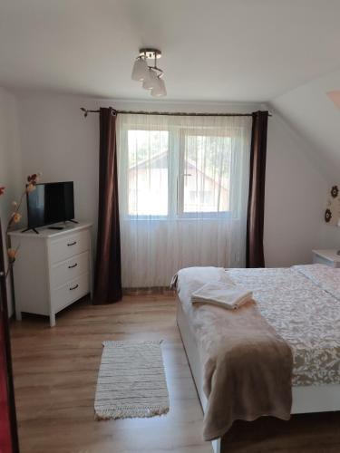 a bedroom with a bed and a tv and a window at Pension Klarissa in Sovata