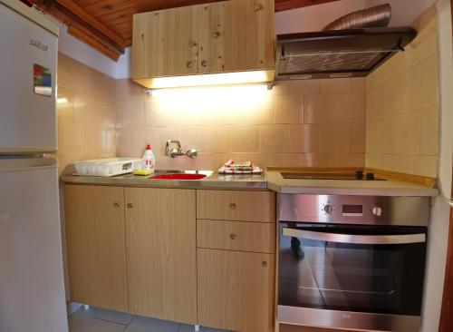 a small kitchen with a sink and a stove at Villa Konstantinos in Votsi