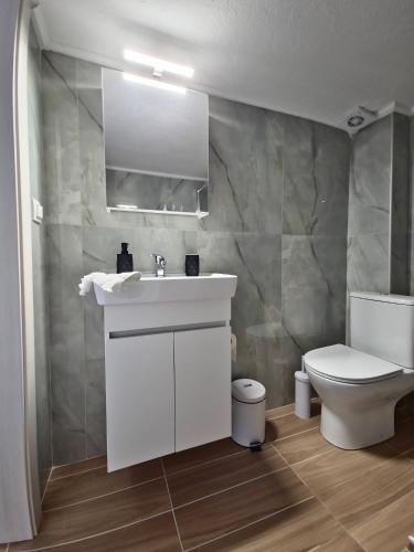a bathroom with a white sink and a toilet at Eva's sweet house in Paleo Tsifliki