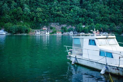 a boat is docked in a body of water at Kućica Hedonija in Donji Sakar