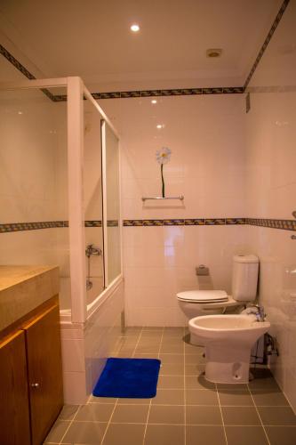 a bathroom with a toilet and a shower and a blue rug at QUINTA DE SANT'ANA in Redinha