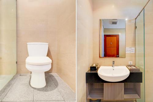 two pictures of a bathroom with a toilet and a sink at Palette Signature Hotel in Sanur
