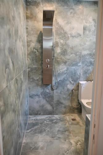 a bathroom with a shower with a toilet at Rastoni Apartments Skiathos in Troulos