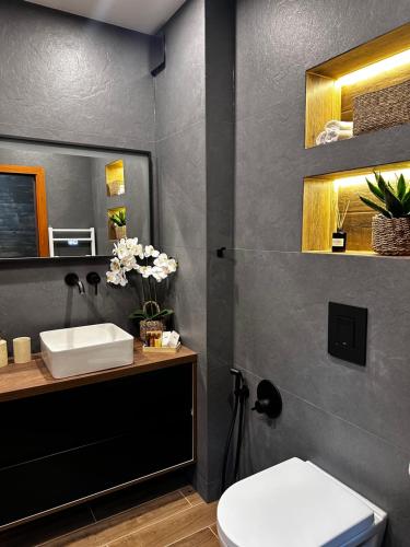 a bathroom with a white toilet and a sink at Deluxe 217 in Borovets